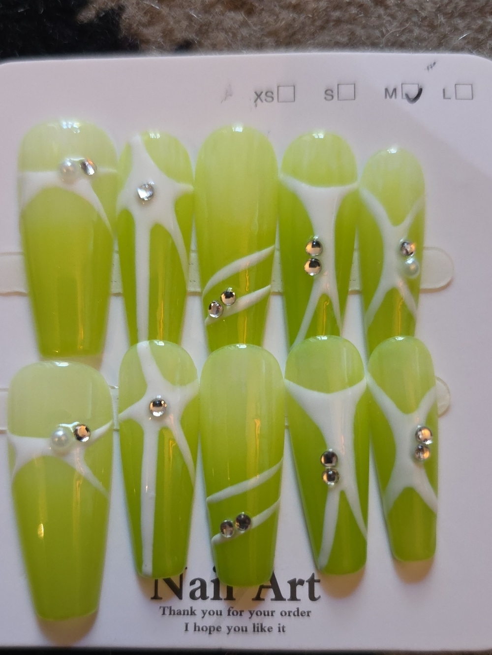 Green & White Rhinestone Press-On Nail Set - Brand Size Med